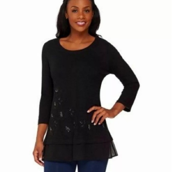 LOGO Slub Knit Embellished Chiffon Trim Tunic Women’s Size XS Black - Picture 1 of 9